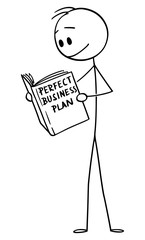 Poster - Vector cartoon stick figure drawing conceptual illustration of businessman or entrepreneur reading book about how to create perfect business plan.