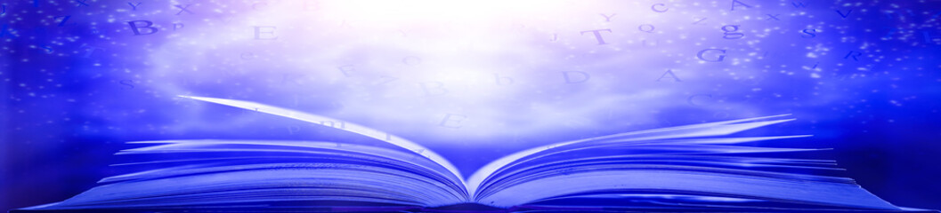 Poster - Imagine a picture book of an ancient book opened on a wooden table with a sparkling golden background. With magical power, magic, lightning around a glowing glowing book In the room of darkness