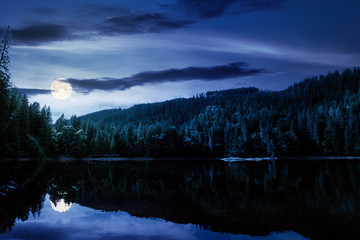 mountain lake in summertime at night. great outdoor nature scenery in full moon light. coniferous forest with tall trees on the shore reflecting in clear water. beautiful landscape