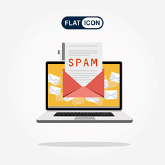 Wall Mural - Spam Email Warning Window Appear On Laptop Screen. Concept of virus, piracy, hacking and security. Envelope with spam. Website banner of e-mail protection, anti-malware software. Flat vector.