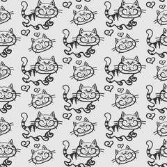 Poster - Seamless cute cat pattern in cartoon style. Template for print design. Wallpaper texture. Seamless background pattern.  Color in the image: black, white. Vector illustration.