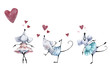 Happy Valentine's day. The picture of the dancing mouse and pink hearts. Watercolor dancing mice or rats. Holiday card for Valentine's day or birthday. Set for your design of banners for the web or po