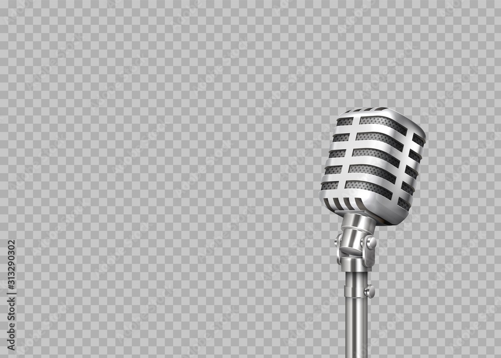 Realistic microphone. 3D professional metal mics on transparent background. Stand-up and blogging equipment. Vector illustration front view steel mic for concert, record studio - obrazy, fototapety, plakaty 