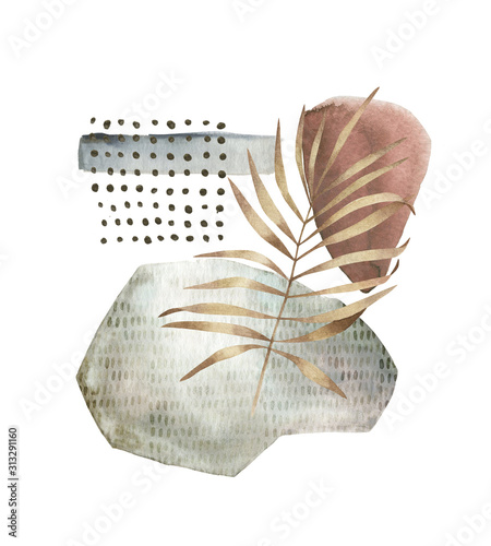 Geometric poster with watercolor, gold, marble elements and leaf on white background Poster Mural XXL