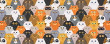 Cat Poster. Cartoon Cat Characters Seamless Pattern. Different Cat`s Poses And Emotions Set. Flat Color Simple Style Design