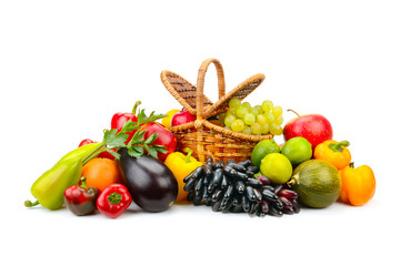 Sticker - Bright fruits and vegetables in willow basket isolated on white