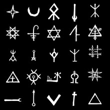Set With Mystic And Occult Symbols. Hand Drawn And Written Alphabet Signs. Spiritual Masonic Tattoo Ideas. Vector.