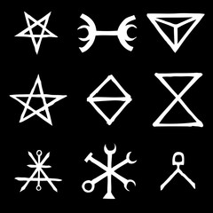 Sticker - Set of Old Norse Scandinavian runes imaginary version. Runic alphabet symbols, futhark. Inspired by ancient occult symbols, vikings letters and runes. Vector.