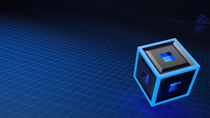 Poster - Absstract blue background with grid and red lighted cube - 3D rendering illustration