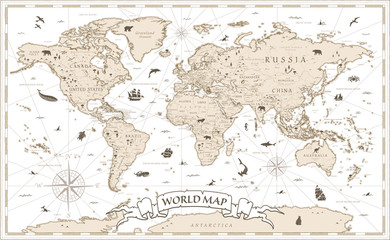 Wall Mural - World Map Vintage Cartoon Detailed - vector