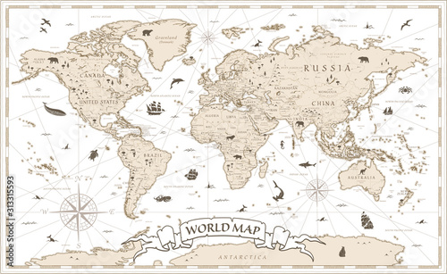 Photo World Map Vintage Cartoon Detailed - vector