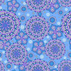 Seamless ornamental oriental pattern. Repeating geometric tiles with mandala. Vector laced decorative background with floral and geometric ornament. Indian or Arabic motive. Boho festival style