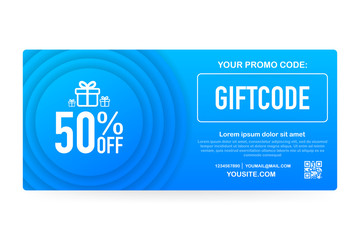 Template red and blue gift card. Promo code. Gift Voucher with Coupon Code. stock illustration.