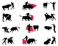Black Silhouettes Of Matadors And Bulls On A White Background, Vector