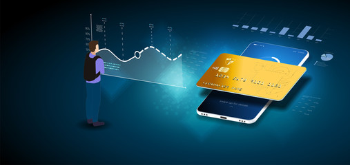 Poster - Isometric vector concept with icons and texts Mockup digital technology transfer pay. mobile payment, online concept. Internet payments, Vector illustration the payment using a smartphone