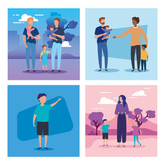 Poster - set scenes parents with sons avatar characters vector illustration design