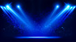 Illuminated stage with scenic lights and smoke. Blue vector spotlight with smoke volume light effect on black background. Stadium cloudiness projector. Mist show room. Vector. EPS 10