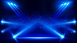 Illuminated stage with scenic lights and smoke. Blue vector spotlight with smoke volume light effect on black background. Stadium cloudiness projector. Mist show room. Vector. EPS 10