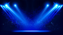 Illuminated Stage With Scenic Lights And Smoke. Blue Vector Spotlight With Smoke Volume Light Effect On Black Background. Stadium Cloudiness Projector. Mist Show Room. Vector. EPS 10
