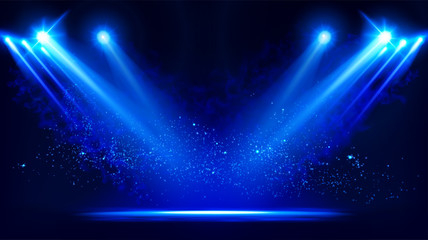 illuminated stage with scenic lights and smoke. blue vector spotlight with smoke volume light effect