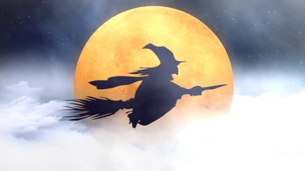 Wall Mural - witch silhouette flying broom past orange moon 4k loop features the silhouette of a witch flying on 
