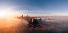 Chicago Foggy Aerial Panorama With Lake Michigan And North Ave Beach