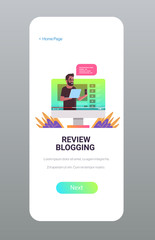 Poster - technology blogger recording online video man testing new cellphone review blogging concept vlogger explaining digital gadget functional smartphone screen mobile app copy space vector illustration