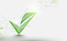 Check Mark And Green Leaf Environment Icon. Eco Logo. Vegan Icon. V Letter