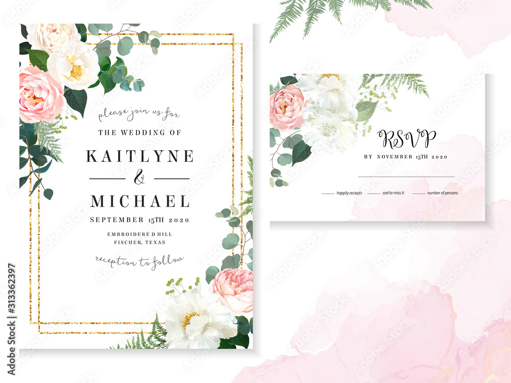 Retro delicate wedding cards with pink watercolor texture and flowers ...