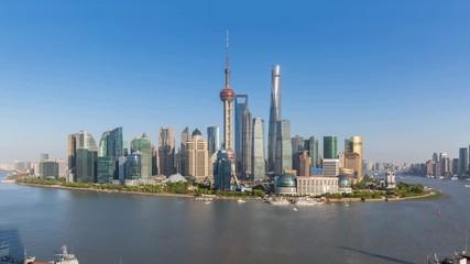 Fototapete - time lapse of shanghai skyline in sunny afternoon, beautiful cityscape of pudong financial center and busy huangpu river, China