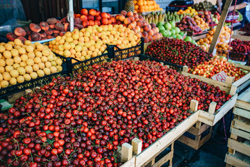 Sticker - Fresh fruit in the market. Apricots, peaches, cherries, apples