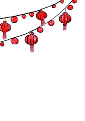 Red lantern moblie hanging watercolor hand painting and outline ink drawing for decoration on Chinese new year festival.