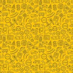 Cars, road objects, traffic signs and automobile symbols. Seamless pattern in doodle style. Vector illustration for driving school, car shops, auto parts store, service centers