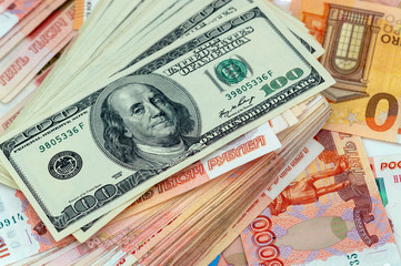 dollars rubles euros close-up, cash