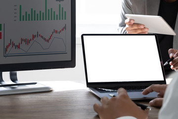 Poster - businessman using laptop at home Laptop with blank screen on table  notebook space