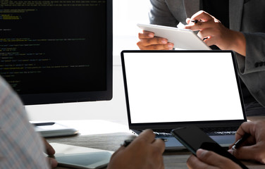 Poster - businessman using laptop at home Laptop with blank screen on table  notebook space