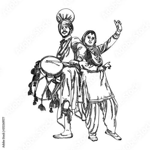 Fotografía Punjabi couple dancing on bhangra on the occasion of punjabi festival Happy Lohri