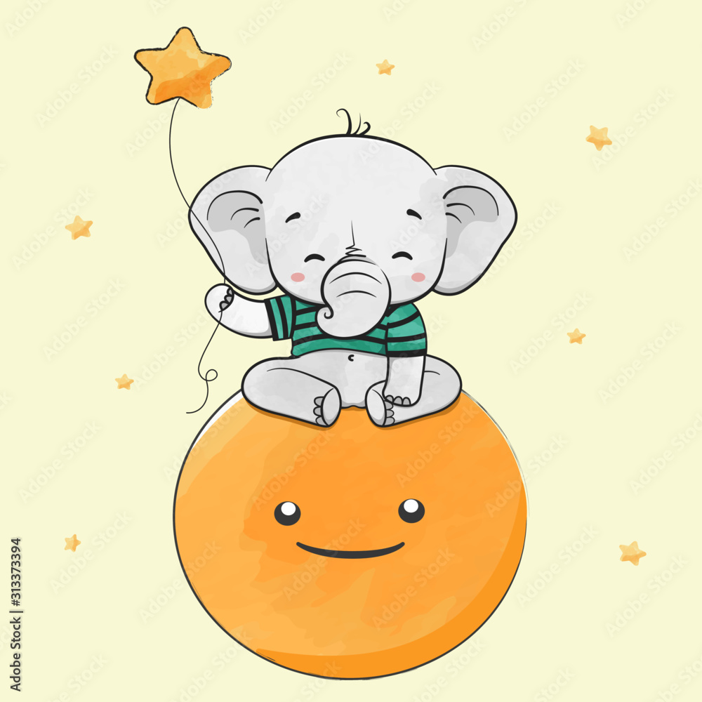 Cute baby elephant sit on the moon with stars water color cartoon hand ...