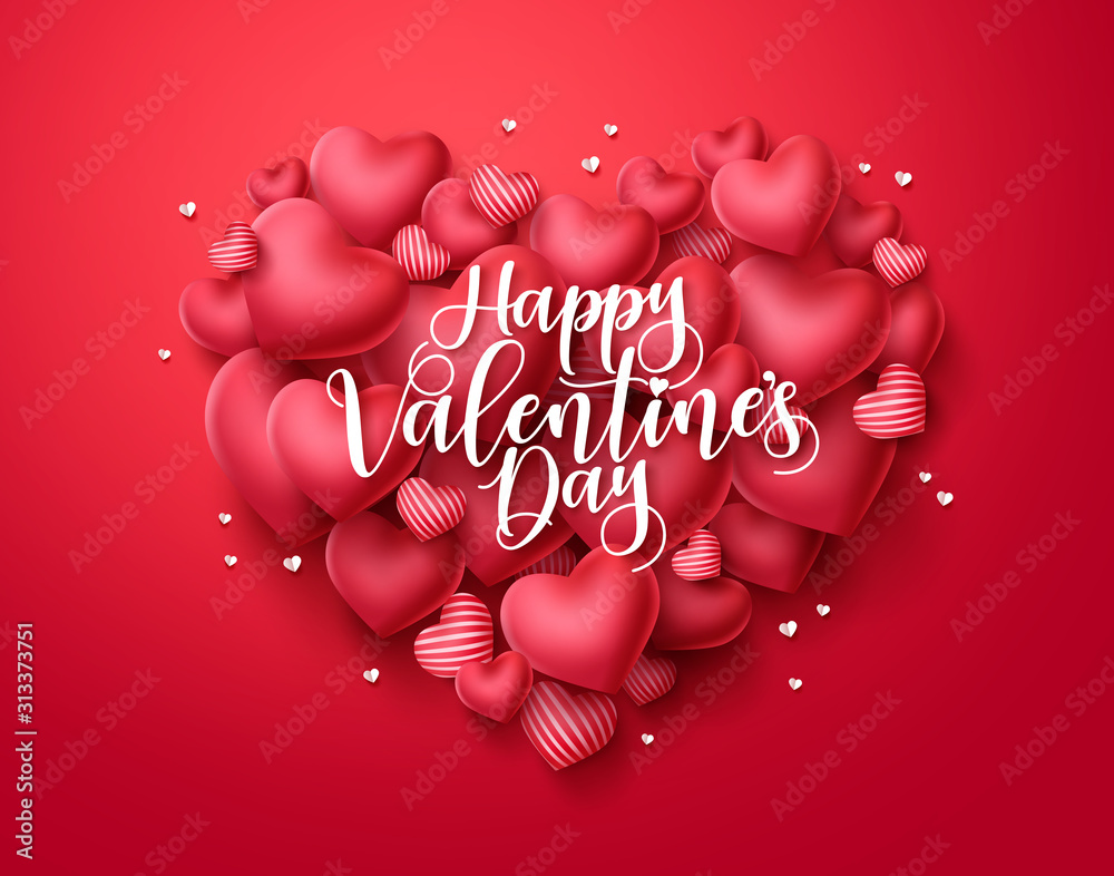 Valentines day hearts vector greeting card. Happy valentines day text with heart shape elements in red background. Vector illustration. - obrazy, fototapety, plakaty 