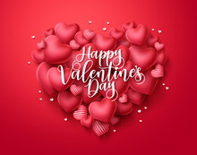 Valentines Day Hearts Vector Greeting Card. Happy Valentines Day Text With Heart Shape Elements In Red Background. Vector Illustration.