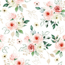 Seamless Background, Pattern, Vintage Floral Texture With Bouquets Watercolor Pink Flowers Roses. Repeat Fabric Wallpaper. Perfectly For Wrapped Paper, Backdrop. 