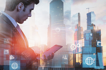 Poster - Man with tablet in Moscow city, big data