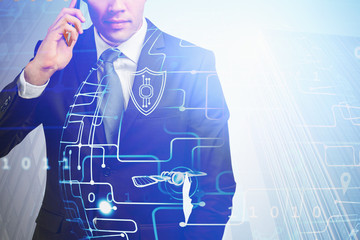 Poster - Businessman on phone in city, network interface