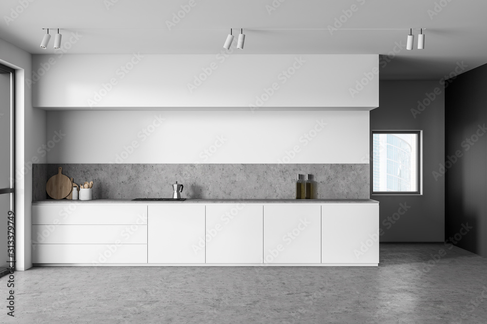 White and gray kitchen interior with countertops - obrazy, fototapety, plakaty 