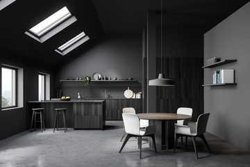 Attic gray kitchen with bar and dining table