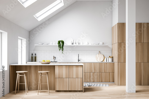 Photographie Attic white kitchen interior with bar