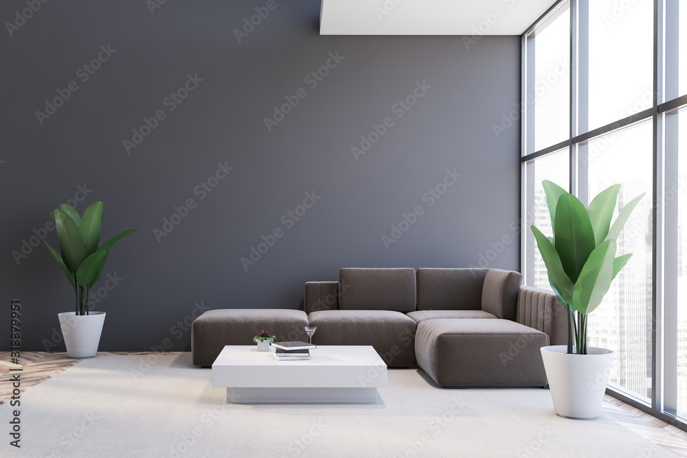 Gray living room interior with brown sofa - obrazy, fototapety, plakaty 