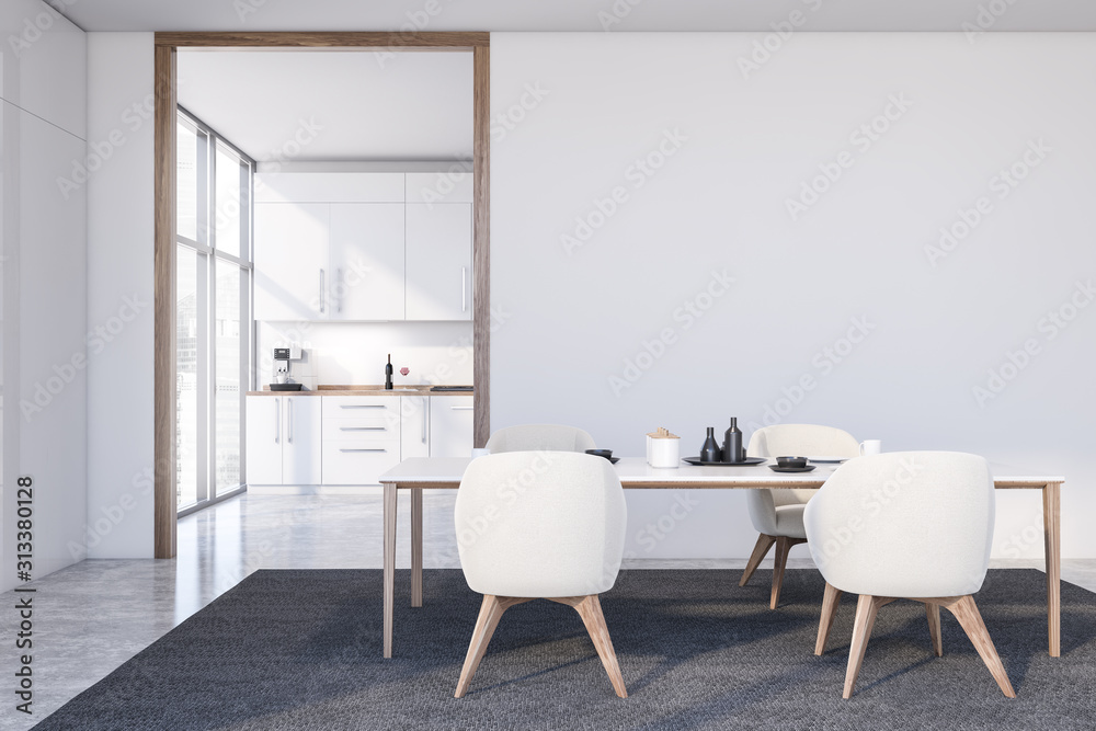 White dining room with armchairs and kitchen - obrazy, fototapety, plakaty 