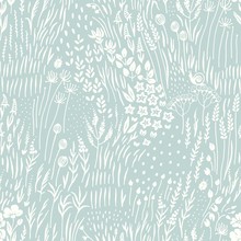 Silhouettes Wildflowers, Grass And Insects Scattered On Turquoise Background, Seamless Floral Abstract Pattern With Flowers. Vector Meadow Hand Drawn Illustration In Vintage Style.