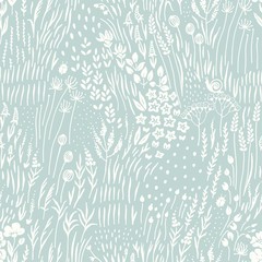 Silhouettes wildflowers, grass and insects scattered on turquoise background, seamless floral abstract pattern with flowers. Vector meadow hand drawn illustration in vintage style.
